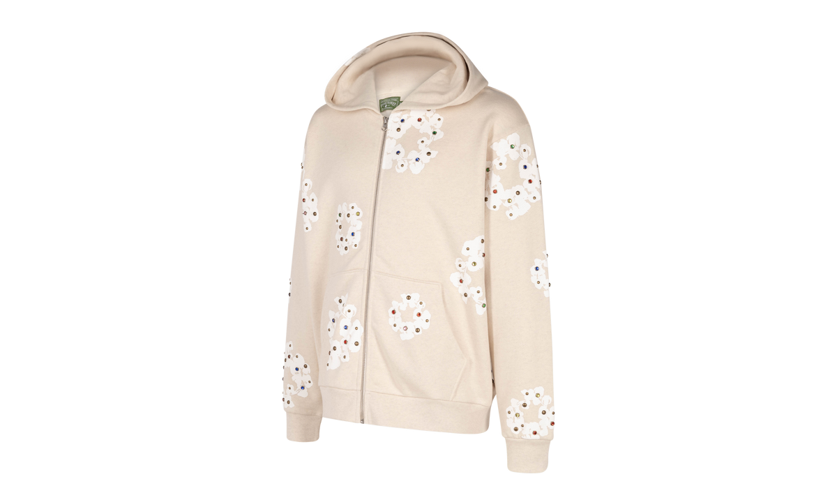 Rhinestone Cotton Wreath Zip Hoodie "Oatmeal" DT027